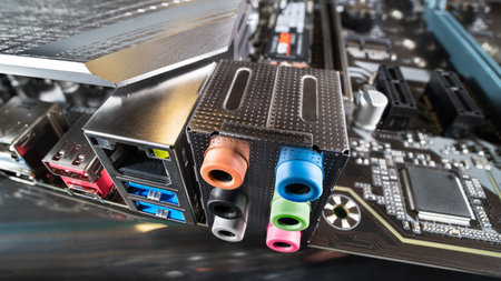 Modern computer motherboard interface for sound or network and universal serial bus. Colored audio,...