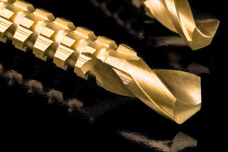 Detail of titanium coated drill bits tips with sharp edges in artistic still life. Gold steel...