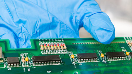 Electronic components on green printed circuit board on human hand in blue glove. Closeup of black...