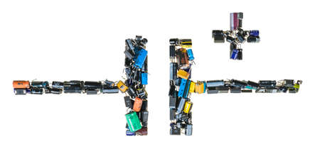 Polarized electrical capacitor circuit diagram symbol isolated on white background. Varied electrolytic condensers in pictorial schematic icon with plus sign. Common pictogram of electronic component.