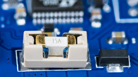 Small electrical fuse in white holder and black linear fixed voltage regulator on blue PCB. Printed...