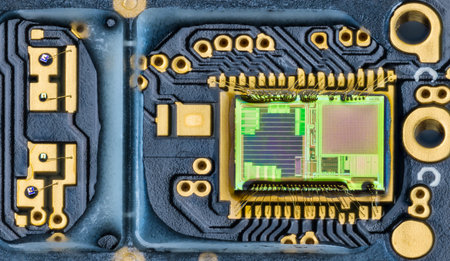 Closeup a green die inside integrated circuit of optical computer mouse. Electronic photodiode array...