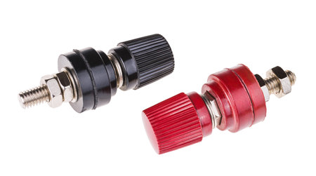 Binding post connectors with screw threaded terminal isolated on white background. Closeup of...