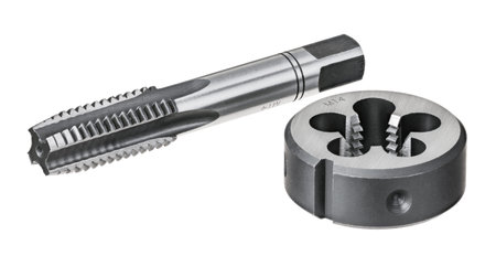 Hand taper tap and thread cutting die isolated on a white background. Close-up of two sharp steel...