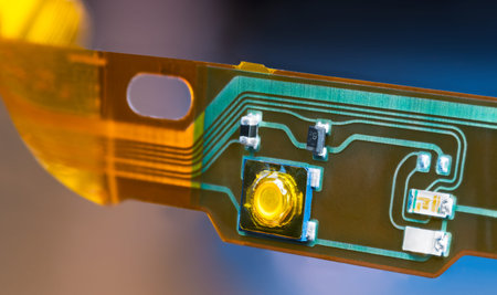 Plastic strip with flexible printed circuit and electronic surface mounted components. Closeup a...