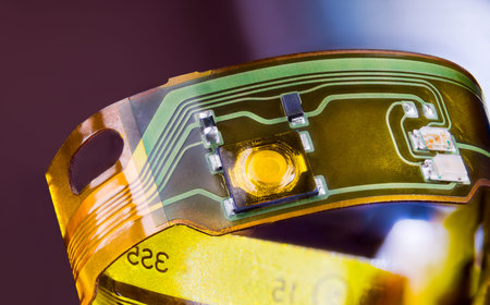 Closeup of electronic flexible printed circuit on plastic strip curled to ring on purple background....