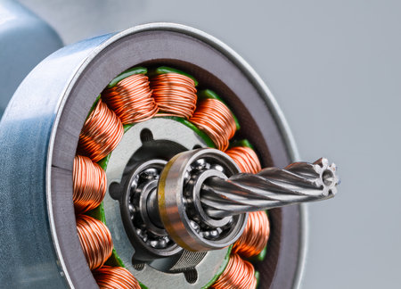 Closeup a electric motor rotor with worm gear, ball bearing or inductors on gray background. Copper wire winding on electromagnetic coils with metal sheets inside electrical engineの写真素材
