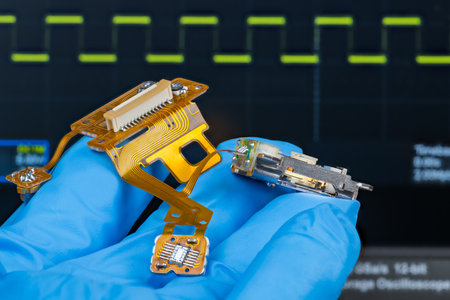 Optical sensor, laser diode, connector or lens on flex cables from CD-DVD disc drive pickup head. Electronic components on a flexible circuit in human hand. Lab oscilloscope screenの写真素材