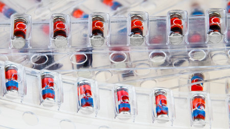 Close-up of SMD Zener diodes packaged in clear plastic blister pack strips on a white background. Pile of red electronic components in transparent packaging. Surface mount devices.の写真素材