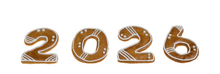 Closeup of New year 2026 gingerbread number isolated on white background. Set of sweet decorated...