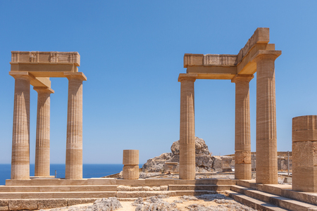Destroyed ancient columns of the ancient city of Lindos, Rhodes, Greeceの写真素材