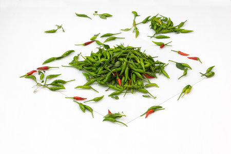 green hot chilli peppers on grey backgroundの写真素材