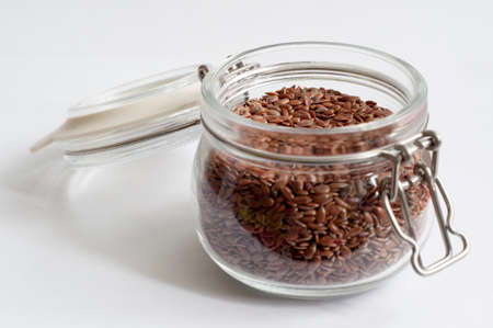 flax seeds in a glass jar.の写真素材
