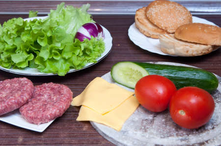 ingredients for making burgers. Cucumber, tomato, onion, lettuce, meat, sauce, sesame, bunsの写真素材