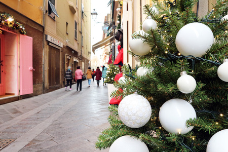 christmas tree with snow ball on the streetのeditorial素材