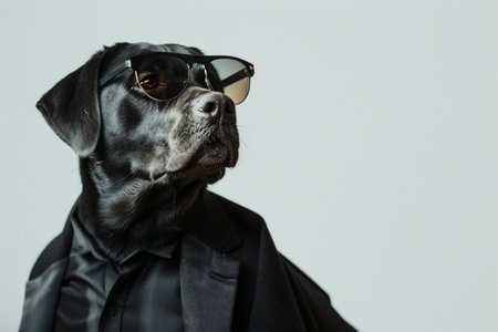 Portrait of a black Labrador Retriever dog in sunglasses.の素材