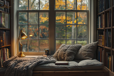 Cozy reading room with book and lamp on the windowsill.の素材