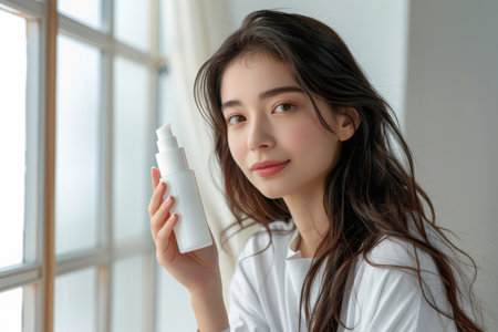 beautiful young asian woman applying cosmetic lotion on her faceの素材