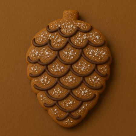 Christmas gingerbread cookie with pine cone on brown background, top viewの素材