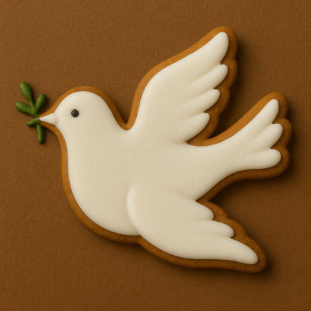 Gingerbread cookie with a white dove on a brown background.の素材