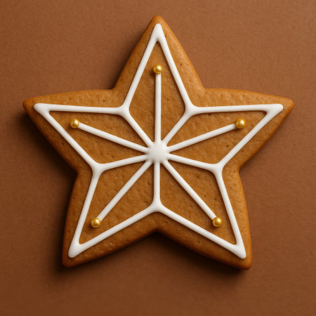 Gingerbread star cookie on brown background. Top view, flat layの素材