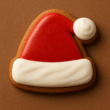 Christmas gingerbread cookie with santa claus hat on brown backgroundの素材