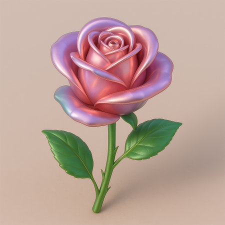 Pink rose with green leaves on a beige background. 3d renderの素材