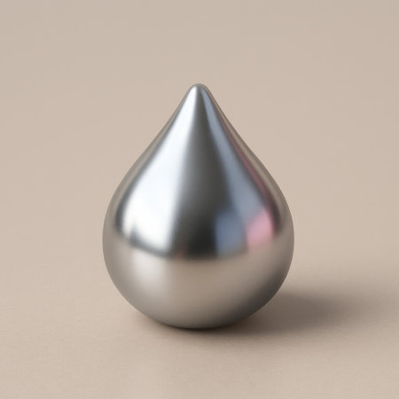 3d rendering of a silver drop on a beige background.の素材