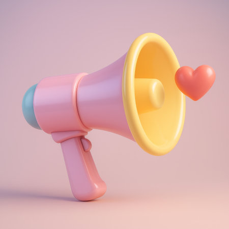 Megaphone with heart icon on pink background. 3D renderingの素材