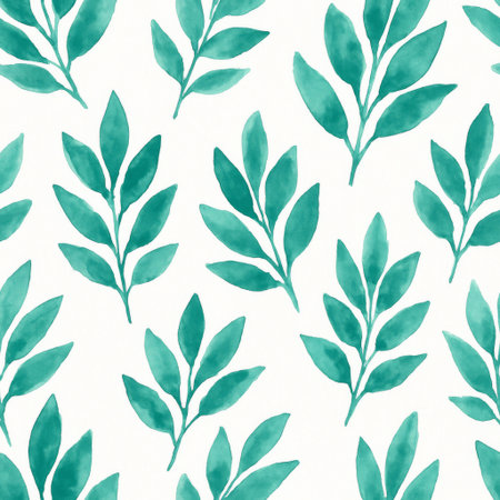 Seamless pattern with watercolor green leaves on white background.の素材