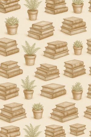 Seamless pattern with books and succulents. Vector illustration.の素材