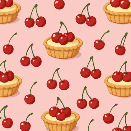 Seamless pattern with cherry tartlets. Vector illustration in cartoon style.の素材