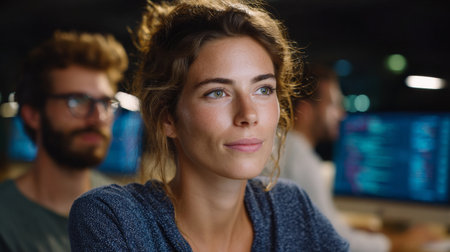 Portrait of smiling businesswoman working on computer at night in officeの素材