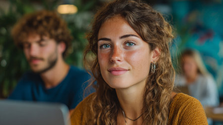 Portrait of young woman using laptop in creative office. Focus on girlの素材