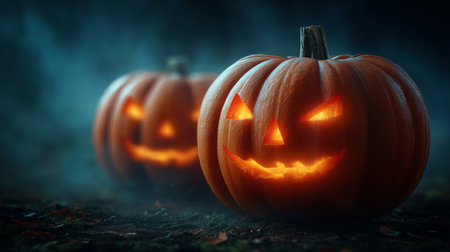 Halloween pumpkins glowing in the dark. 3D rendering.の素材