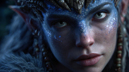 Close-up portrait of a beautiful woman with blue make-upの素材