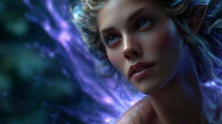 Portrait of a beautiful young woman with blue eyes and curly hairの素材