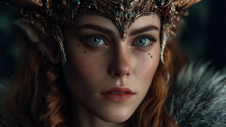Close-up portrait of a beautiful red-haired girl in a golden mask and a fur coatの素材