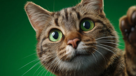 Close up portrait of a cute tabby cat with green eyes on green backgroundの素材