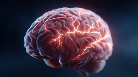 Human brain with lightning in the brain, 3d illustration, horizontalの素材