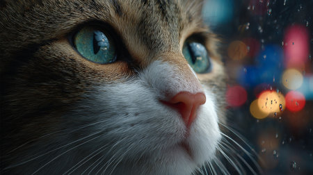 Close-up of a cat looking at the camera through the windowの素材