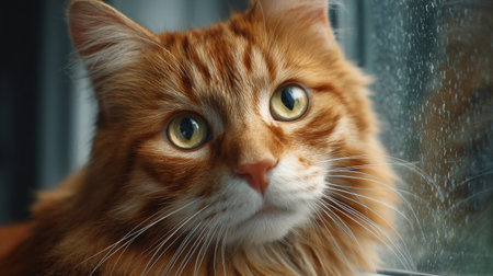 Cute ginger cat with big eyes on window sill, closeupの素材