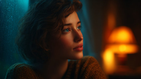 Portrait of a beautiful young woman in front of a fireplace.の素材