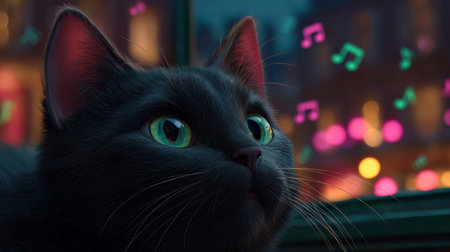 Black cat with green eyes in front of the night city lights.の素材