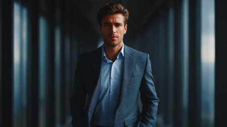 Portrait of a handsome young businessman standing in a modern office building.の素材