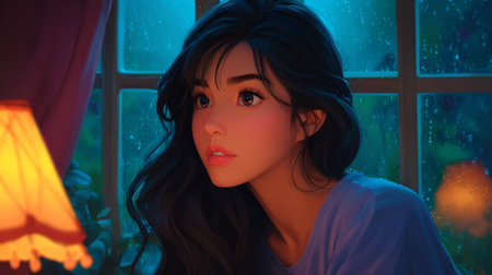 Portrait of a beautiful young woman in the window at night.の素材