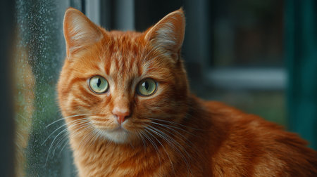 Cute red cat with green eyes on the background of a windowの素材
