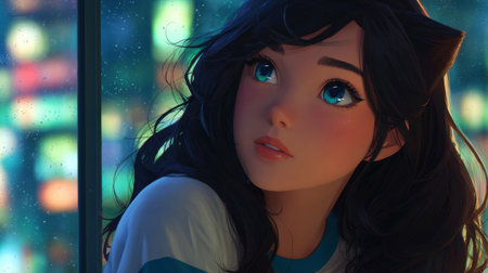 3d illustration of a beautiful girl looking through the window at nightの素材