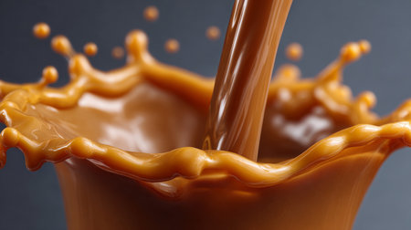 Splash of caramel on a dark background. Close-up.の素材