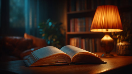 Open book on a wooden table in a dark room, illuminated by a lamp.の素材